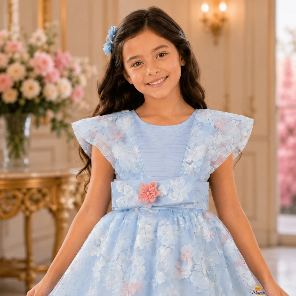 Turquoise Sequin Floral Girls Gown