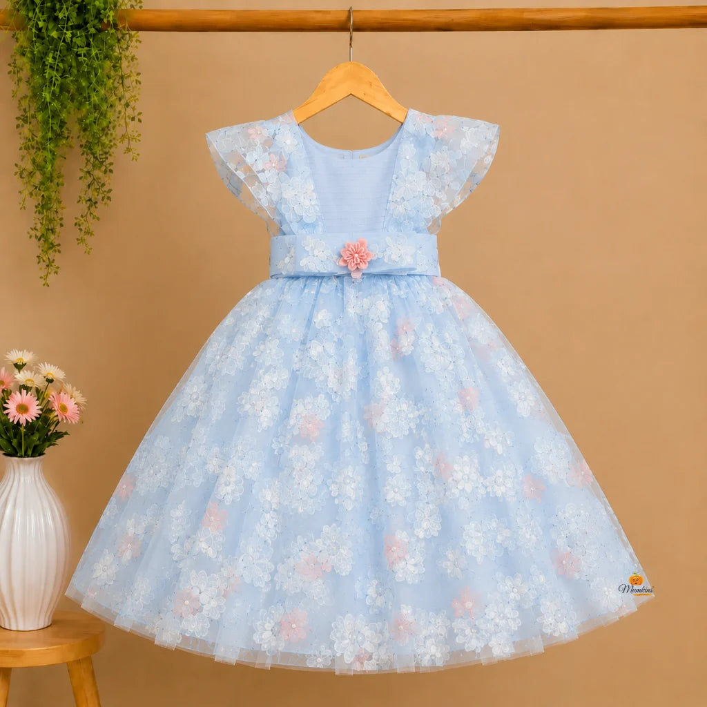 Turquoise Sequin Floral Girls Gown