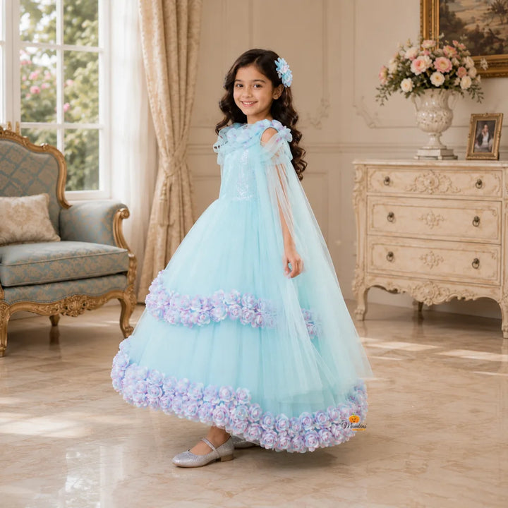 Sequin Floral Long Net Girls Gown