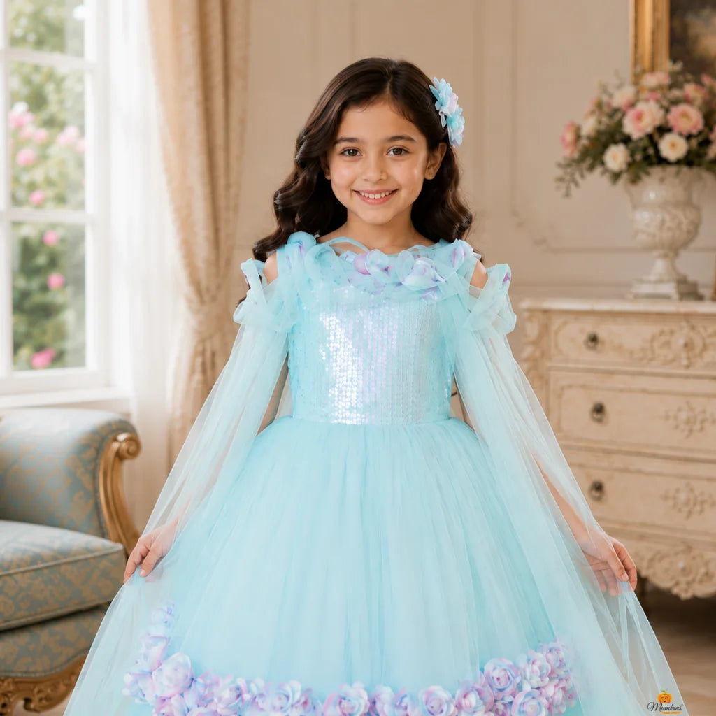 Sequin Floral Long Net Girls Gown