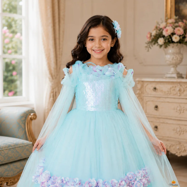 Sequin Floral Long Net Girls Gown