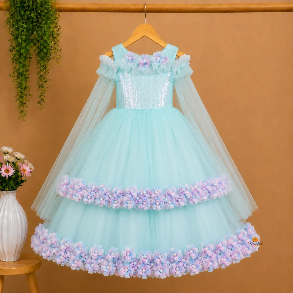 Sequin Floral Long Net Girls Gown
