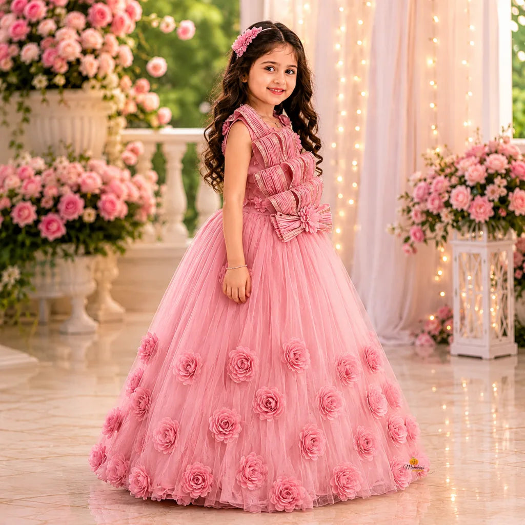 Onion Pink Floral Work Long Gown for Girls