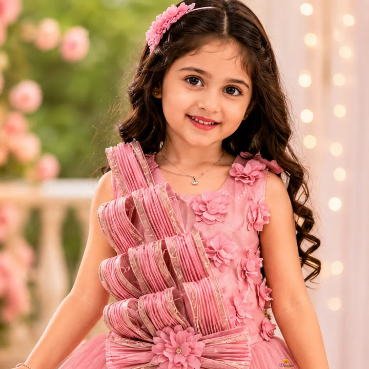 Onion Pink Floral Work Long Gown for Girls