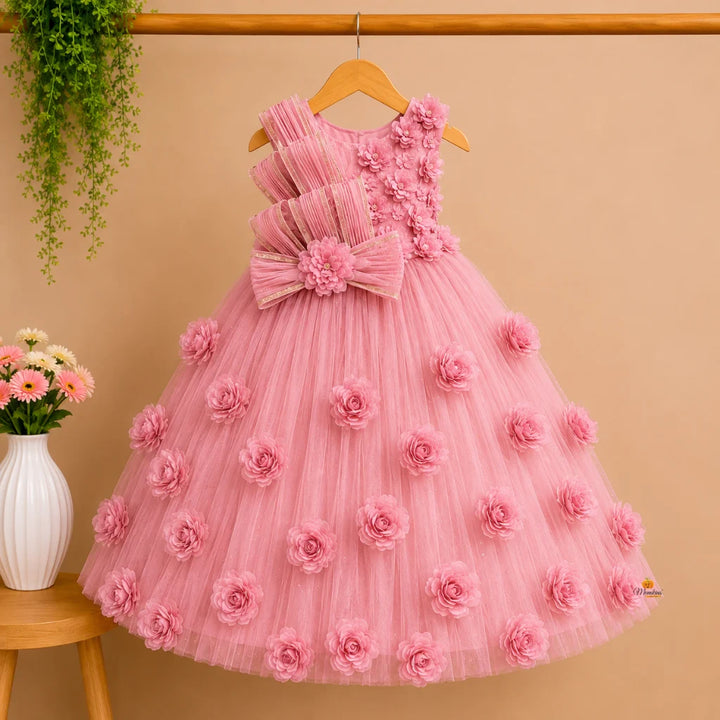 Onion Pink Floral Work Long Gown for Girls