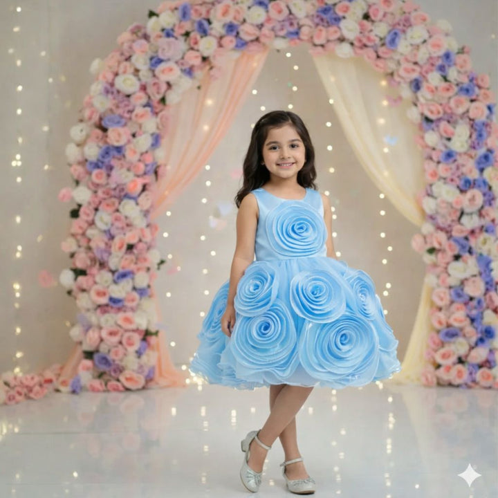 Sky Blue Partywear Frock for Girls with Rose Appliqué Detailing