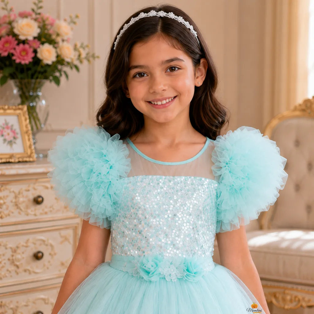 Sea Green & Pink Net Frill Girls Gown