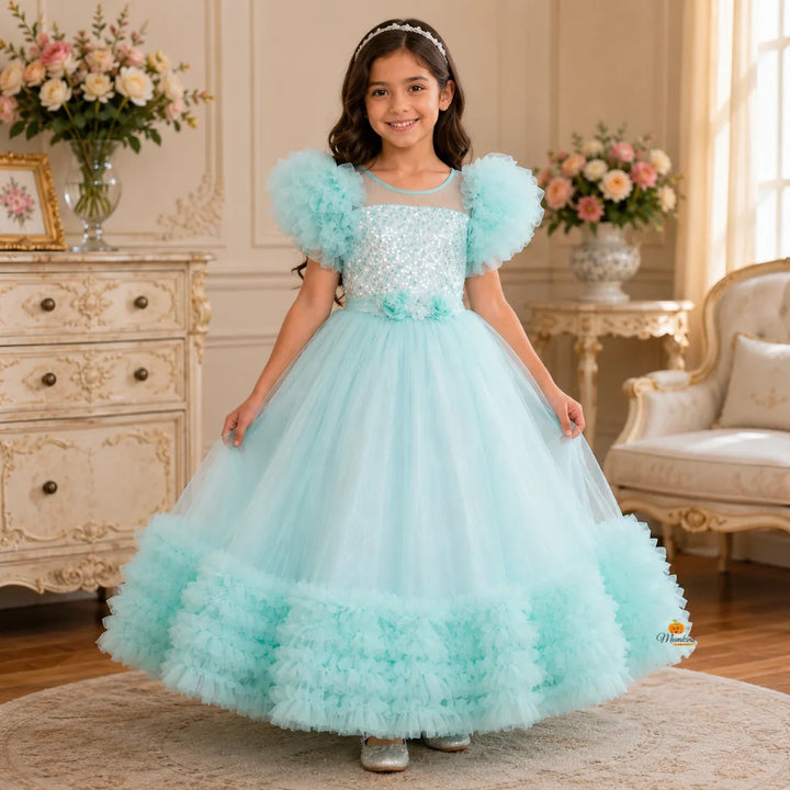 Sea Green & Pink Net Frill Girls Gown