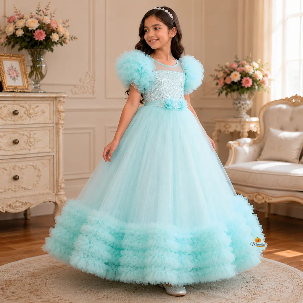 Sea Green & Pink Net Frill Girls Gown