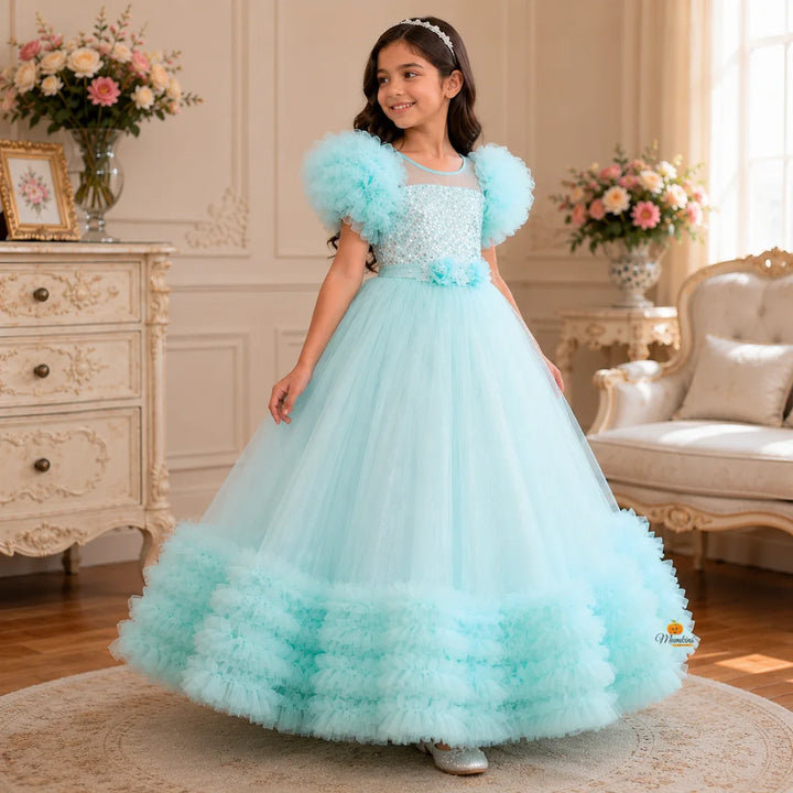 Sea Green & Pink Net Frill Girls Gown