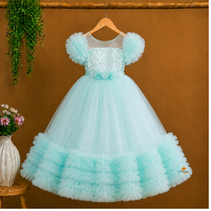 Sea Green & Pink Net Frill Girls Gown
