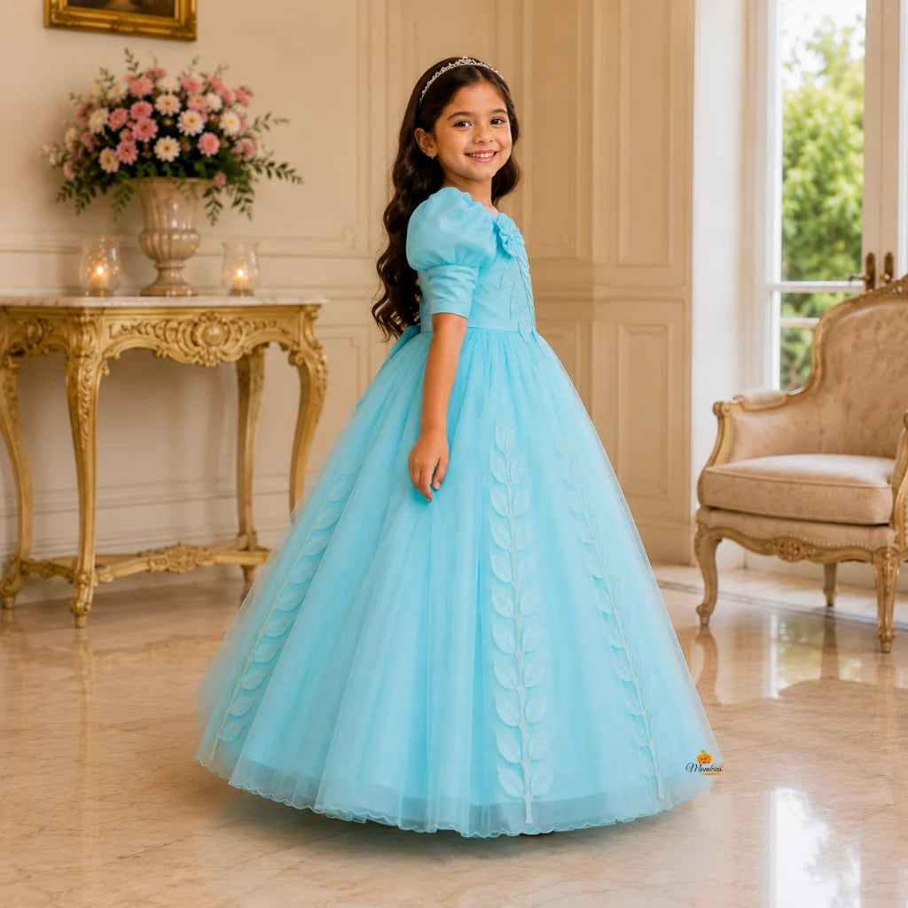 Sky Blue Puff Sleeve Gown for Girls