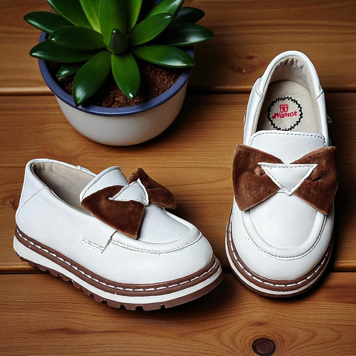 Girls White Slip-On Loafers with Brown Bow