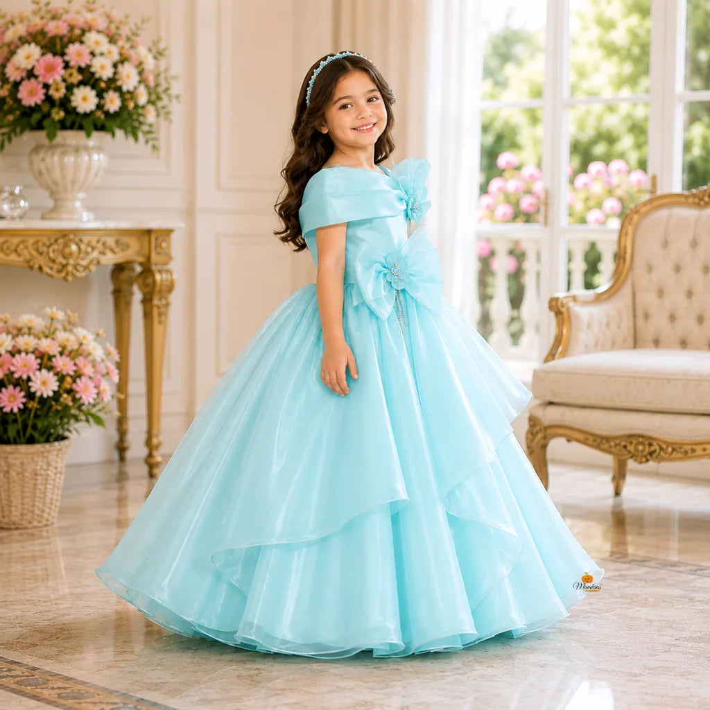 Turquoise Long Gown for Girls with Bow Design