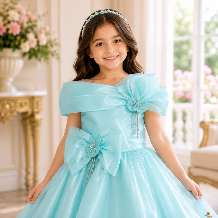 Turquoise Long Gown for Girls with Bow Design