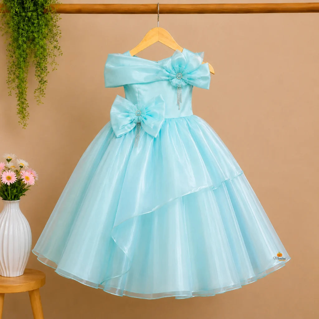Turquoise Long Gown for Girls with Bow Design