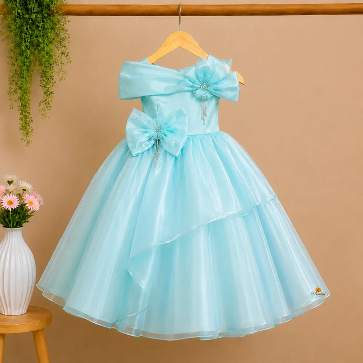 Turquoise Long Gown for Girls with Bow Design