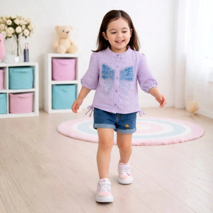 Girls Cream and Purple  Embroidered Top with Stylish Blue Bow Design