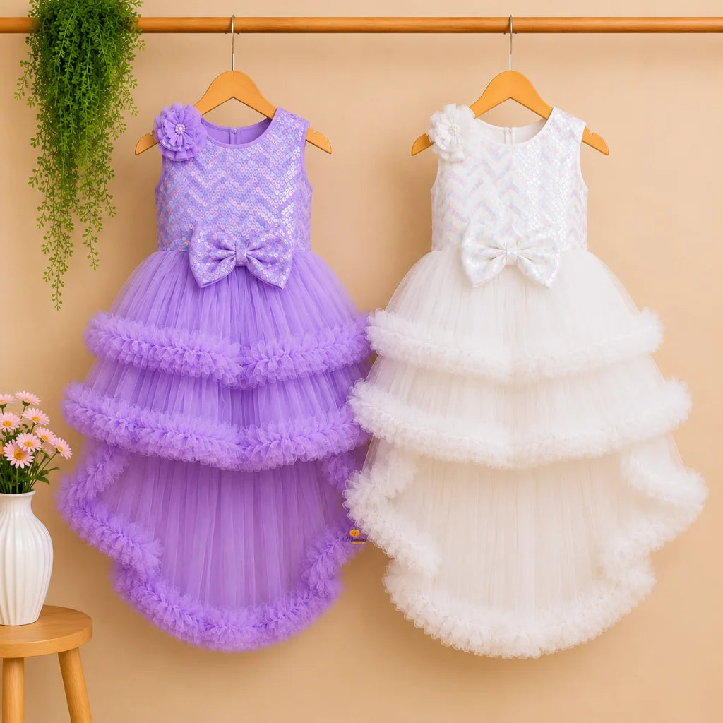 Purple & White Layered High-Low Girls Frock