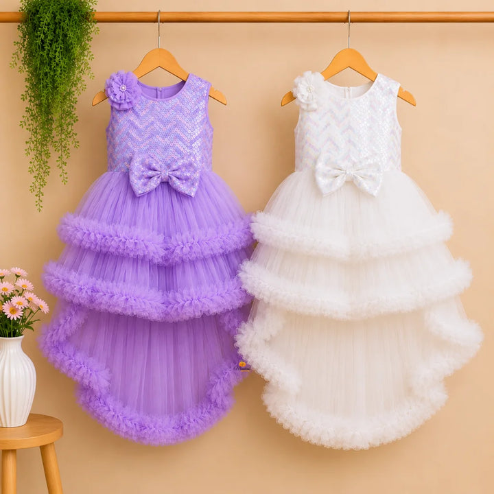 Purple & White Layered High-Low Girls Frock