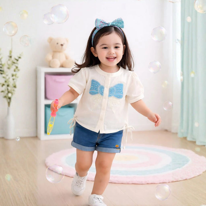 Girls Cream and Purple  Embroidered Top with Stylish Blue Bow Design