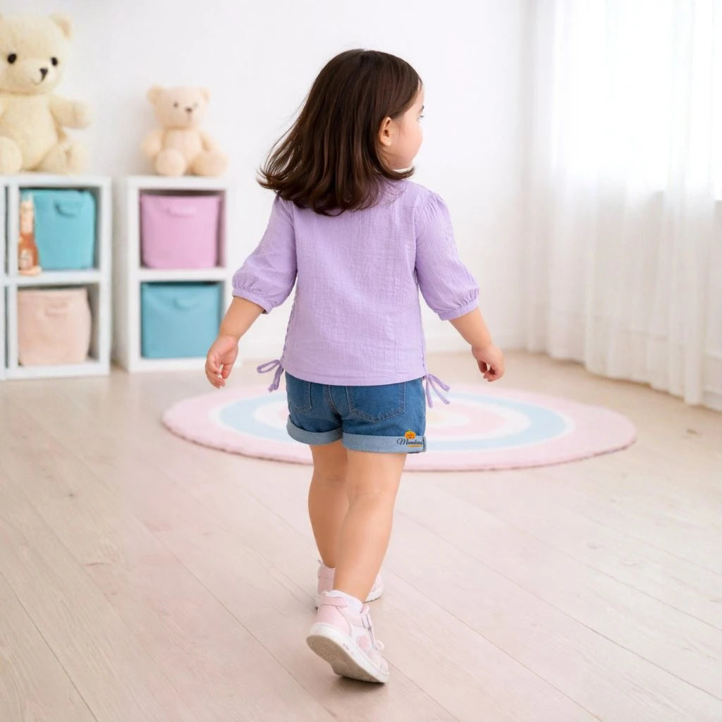 Girls Cream and Purple  Embroidered Top with Stylish Blue Bow Design