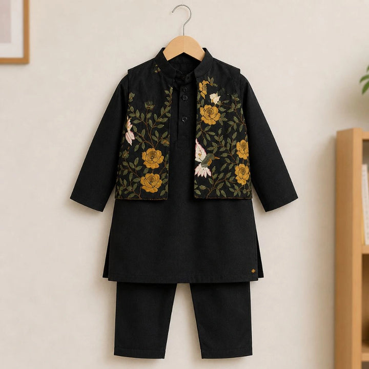 Premium Boys Black Kurta Pajama Nehru Jacket Set for Weddings & Parties