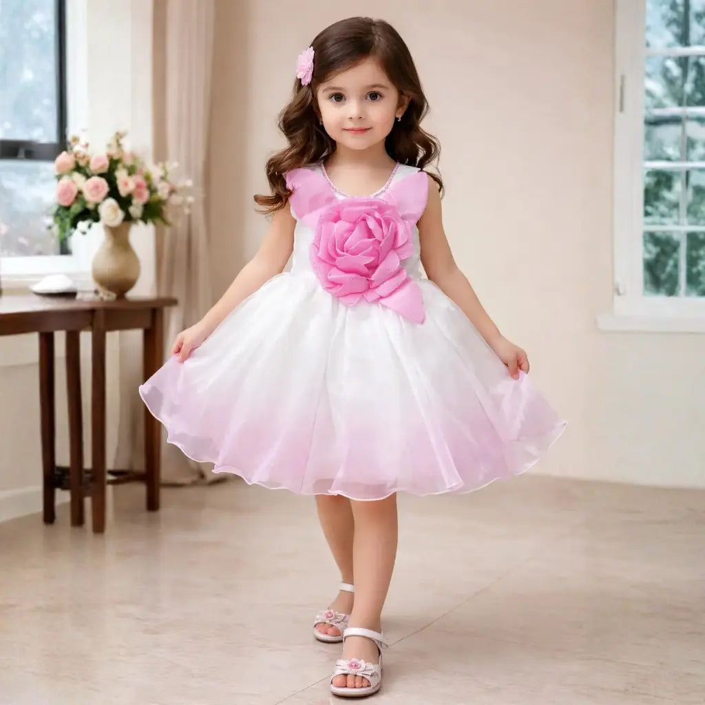 White & Pink Flower Applique Party Dress for Baby Girls
