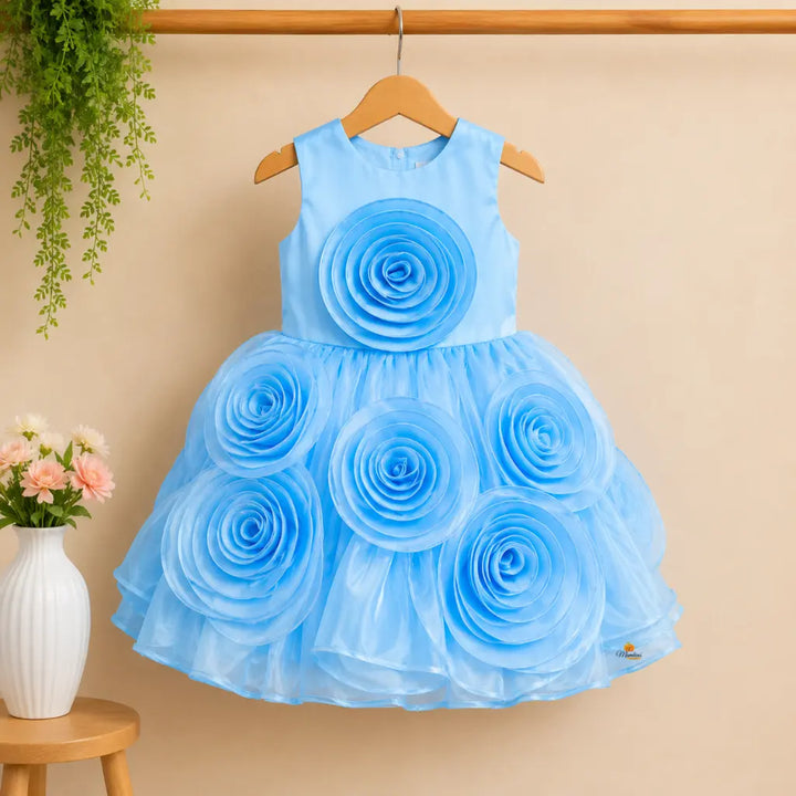 Sky Blue Partywear Frock for Girls with Rose Appliqué Detailing
