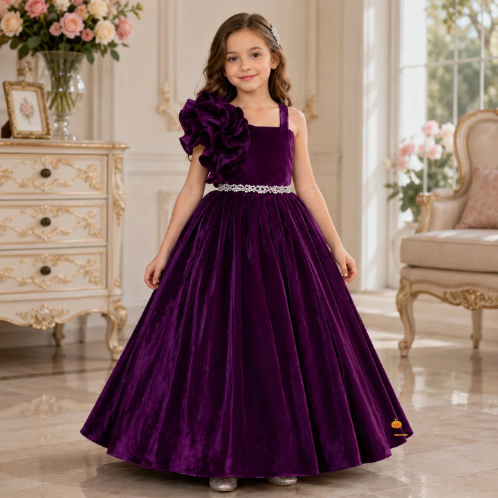 Wine & Rama Ruffled Sleeves Girls Gown