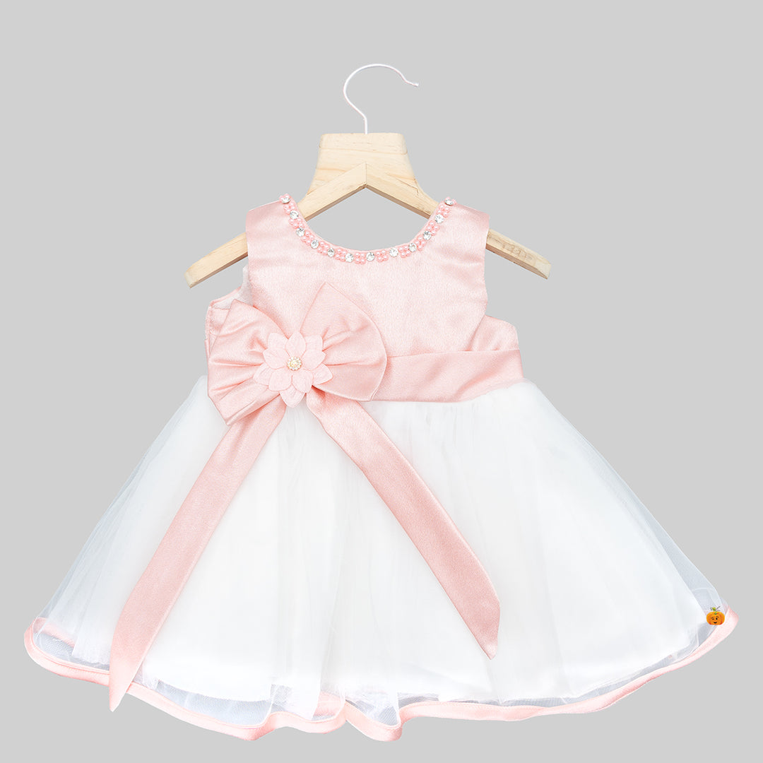 Peach Bow Pattern Baby Frock Front 