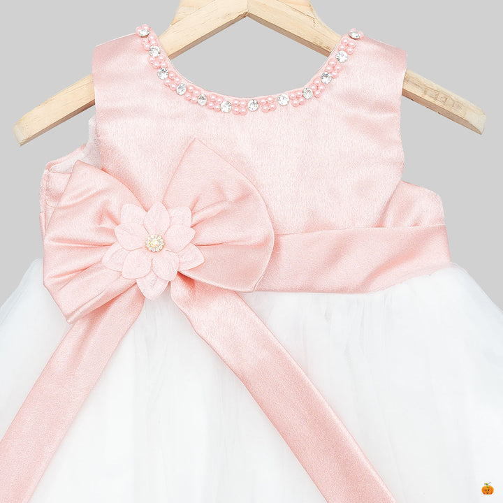 Peach Bow Pattern Baby Frock Close Up 