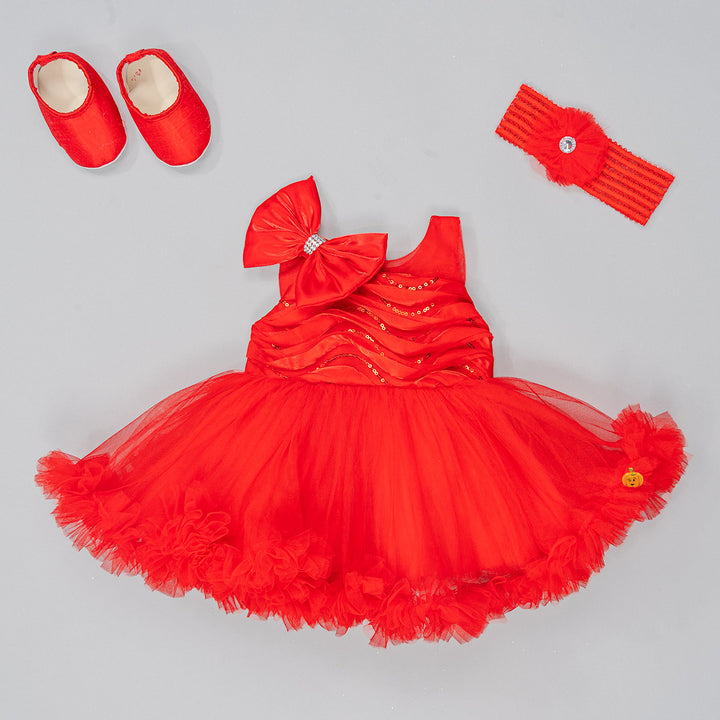 Red & Rani Bow Design Baby Frock