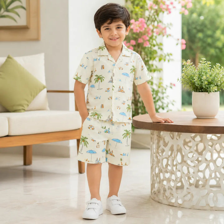 Boys Tropical Beach Print Shirt and Shorts Co-Ord Set