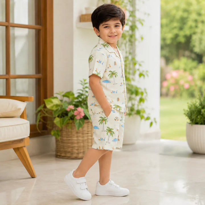 Boys Tropical Beach Print Shirt and Shorts Co-Ord Set