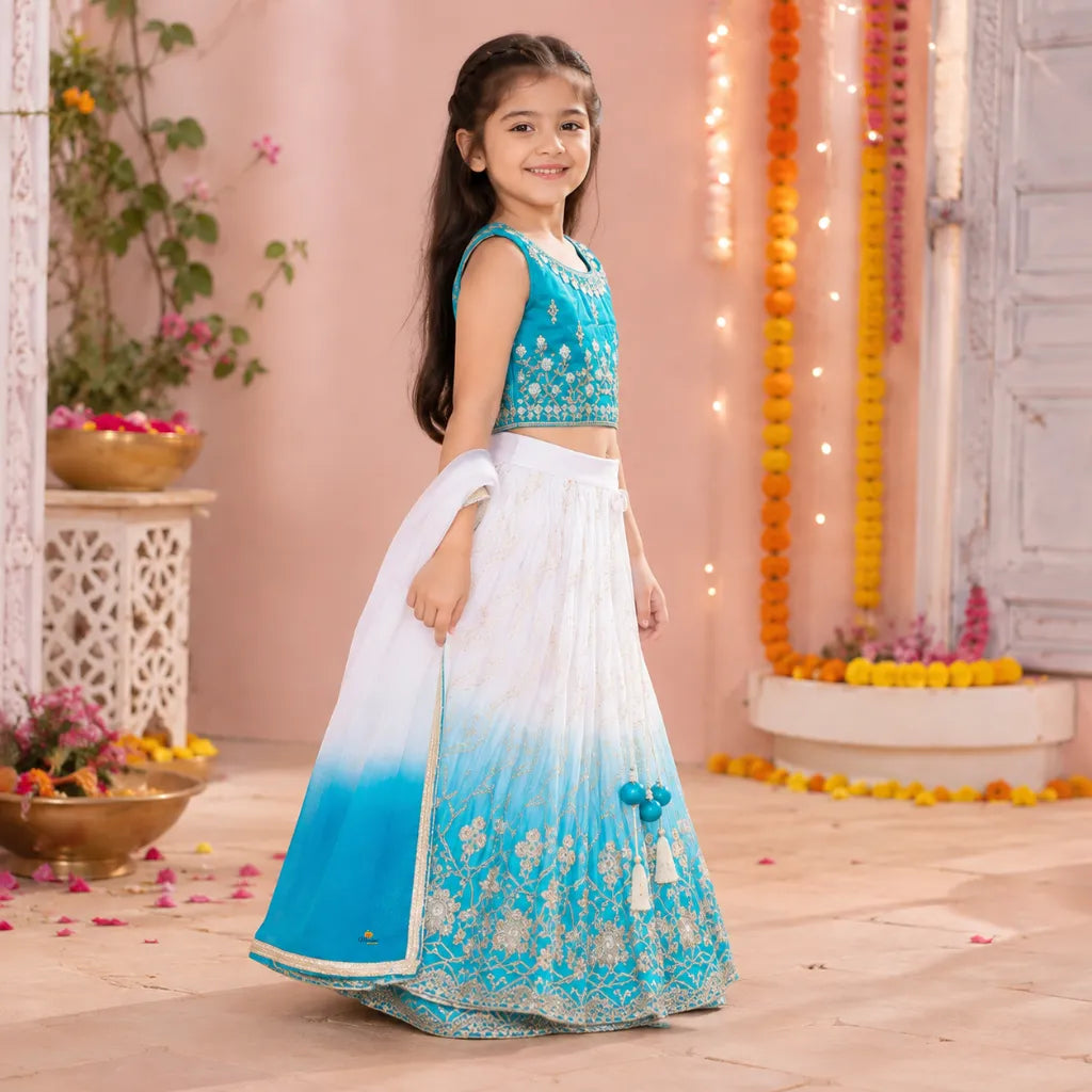Blue Cream Embroidered Girls Lehenga Choli
