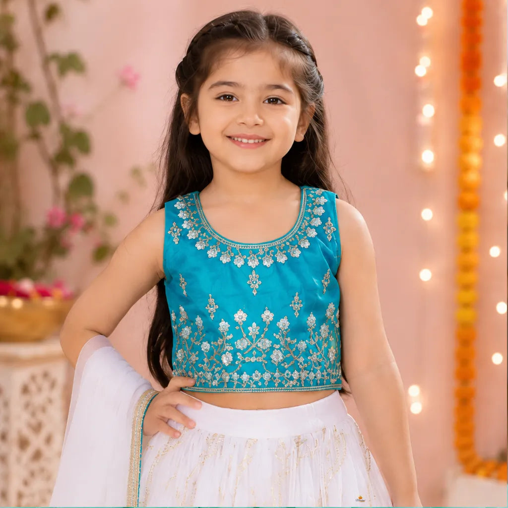 Blue Cream Embroidered Girls Lehenga Choli