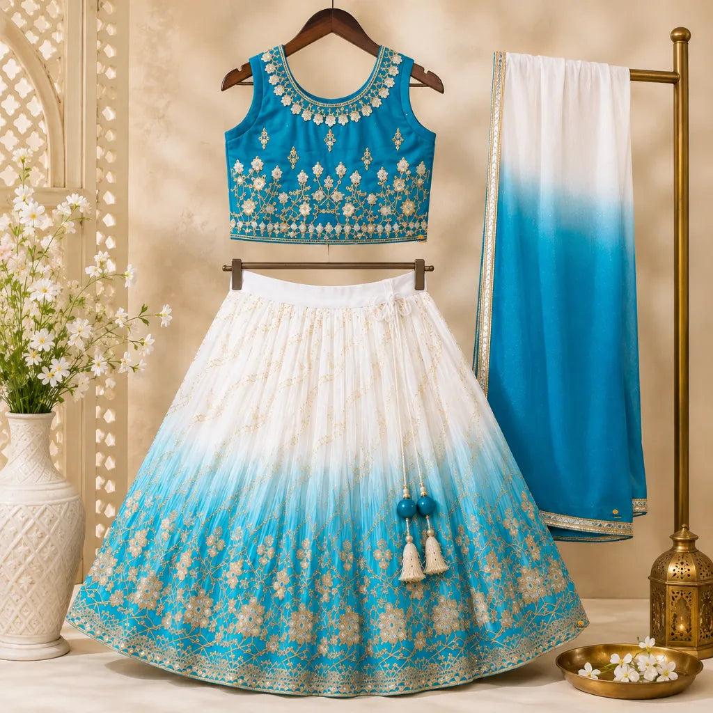 Blue Cream Embroidered Girls Lehenga Choli