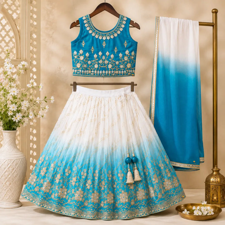 Blue Cream Embroidered Girls Lehenga Choli