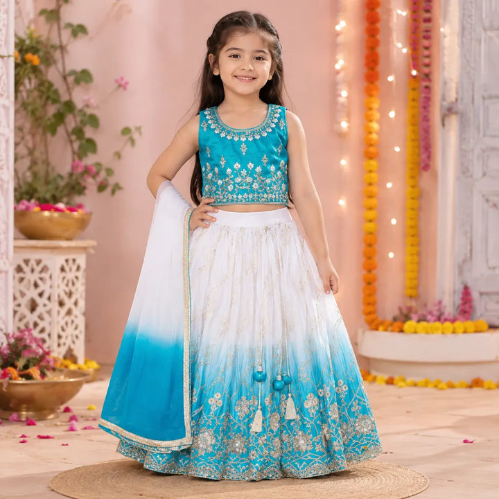 Blue Cream Embroidered Girls Lehenga Choli