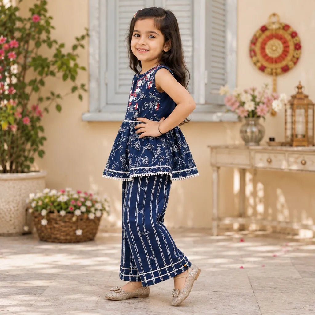 Blue Embroidered Girls Palazzo Suit