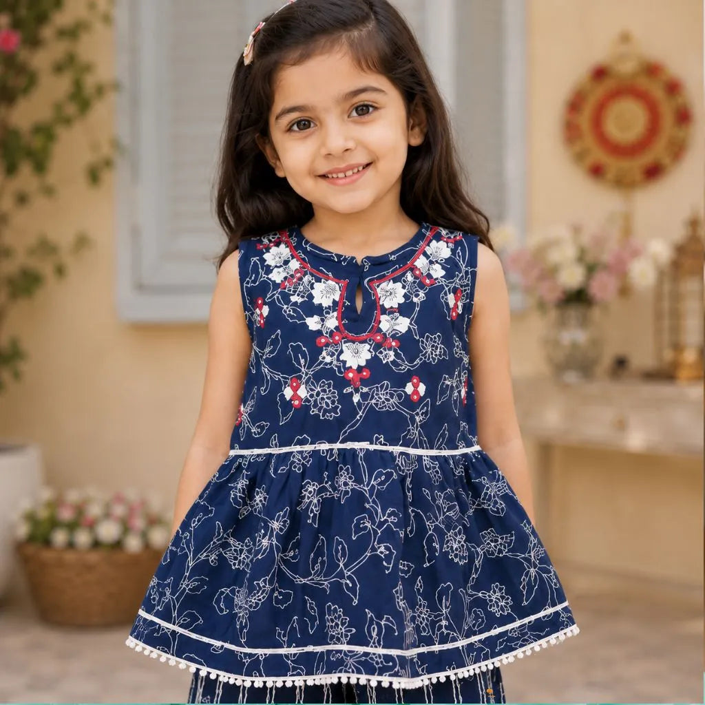 Blue Embroidered Girls Palazzo Suit