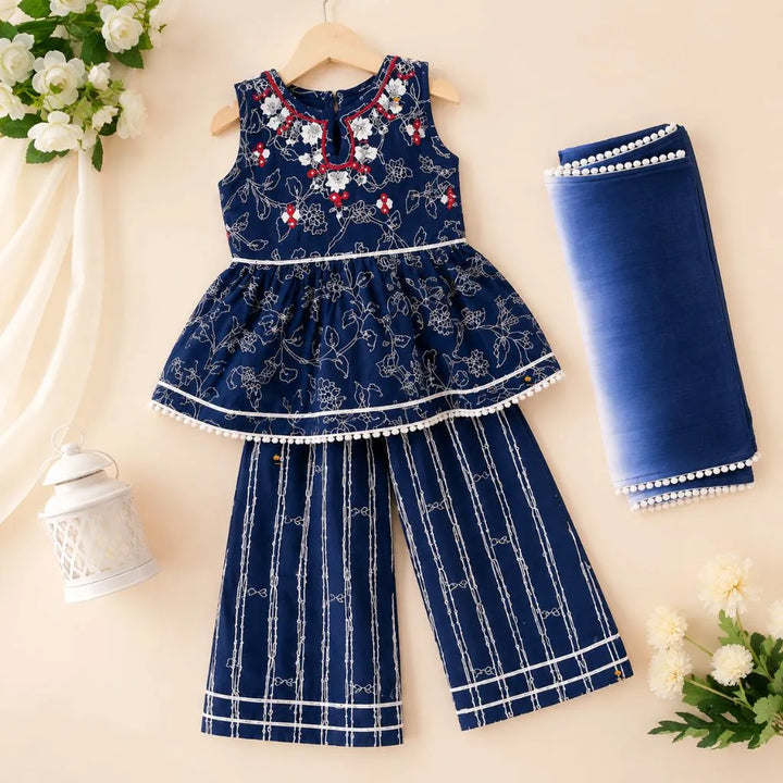 Blue Embroidered Girls Palazzo Suit