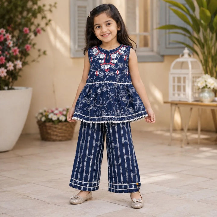 Blue Embroidered Girls Palazzo Suit