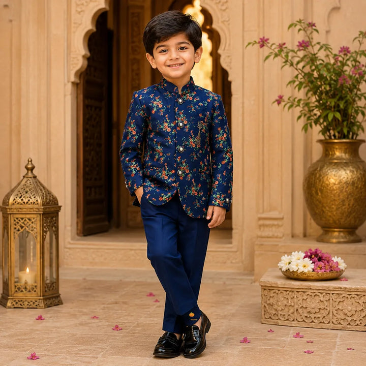 Blue Floral Printed Jodhpuri Suit for Boys