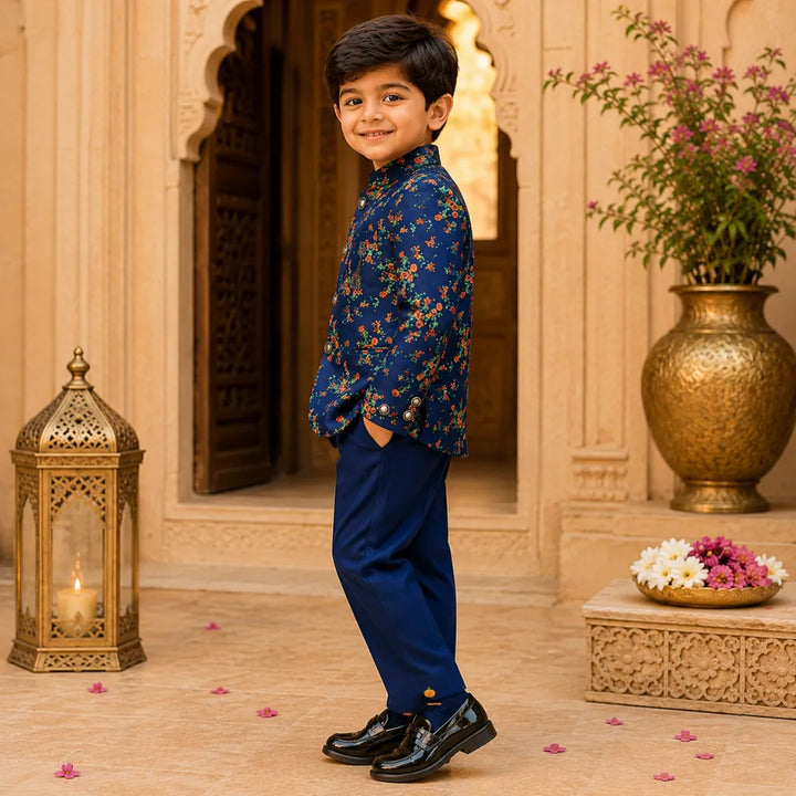 Blue Floral Printed Jodhpuri Suit for Boys