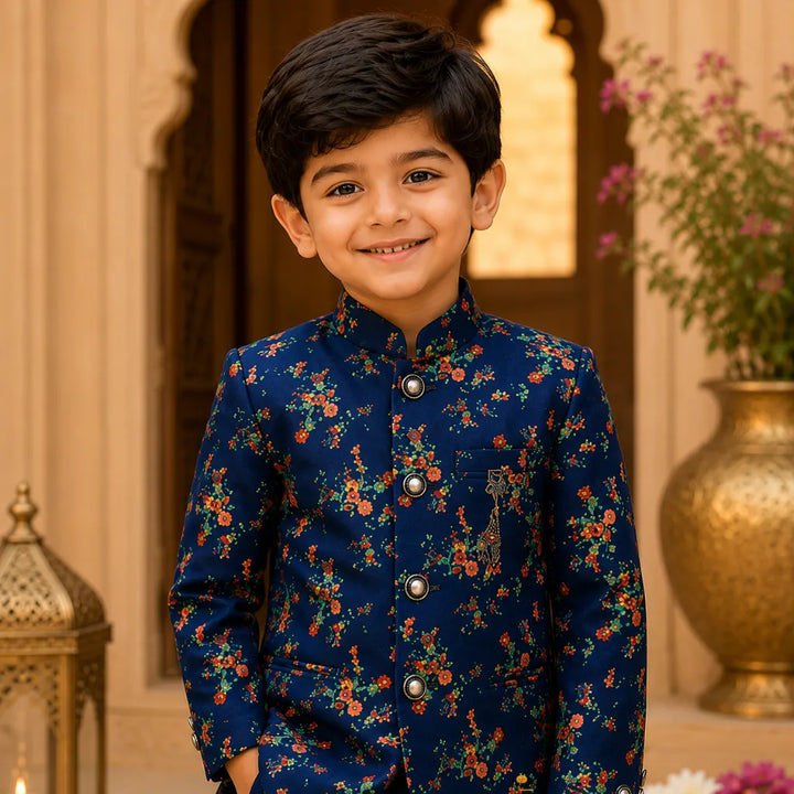 Blue Floral Printed Jodhpuri Suit for Boys