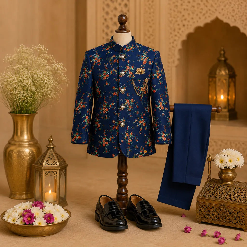 Blue Floral Printed Jodhpuri Suit for Boys