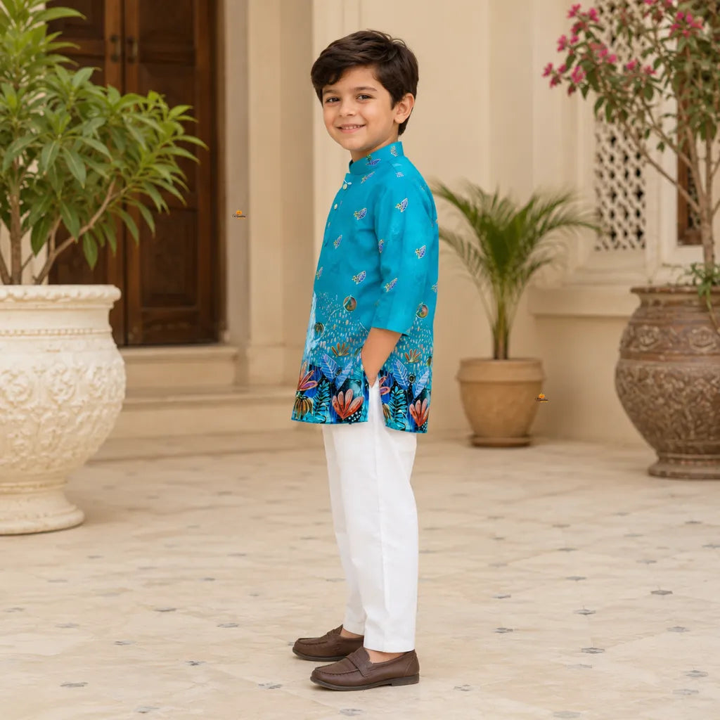 Boys Botanical Landscape Kurta Pajama Set