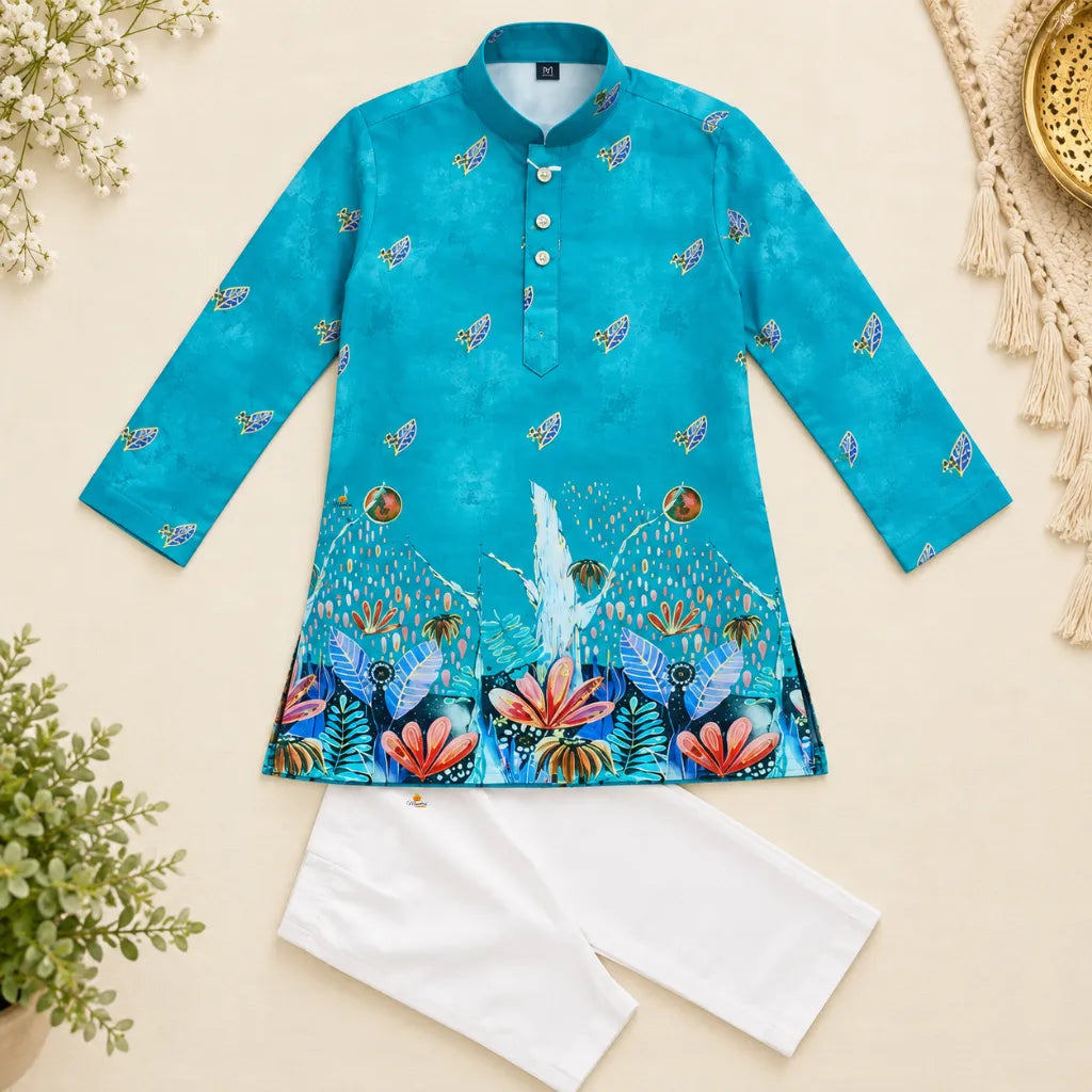 Boys Botanical Landscape Kurta Pajama Set
